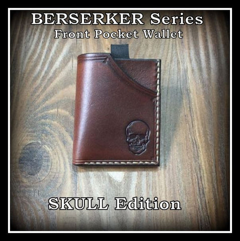 Handmade full grain leather front pocket minimalist wallet with skull stamped on it.