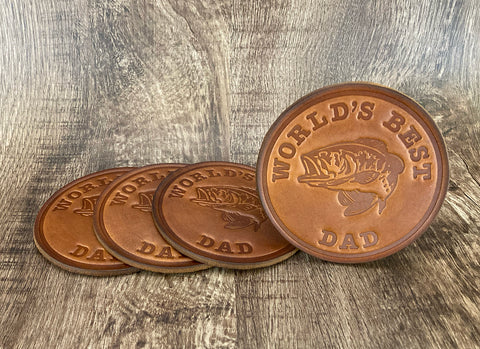 "WORLD'S BEST DAD" (FISHING EDITION)  - Leather Coaster Set (Set of 4)